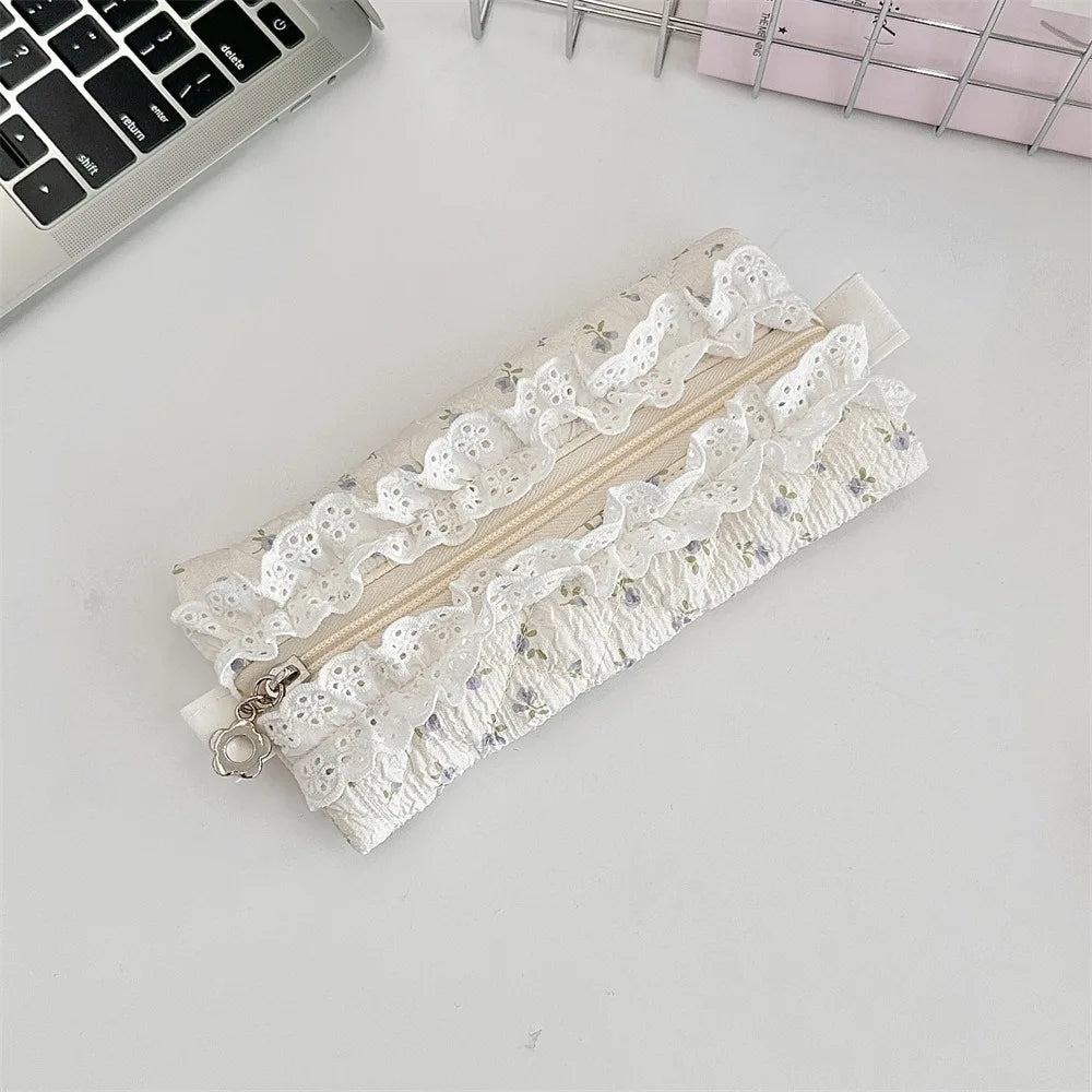 Fresh Lace Pencil Pouch Large Capacity Cosmetic Bag Flower Pattern Pen Case Makeup Bag Cartoon Stationery Storage Bag Peaceful Pleasures Health and Wellness Style C
