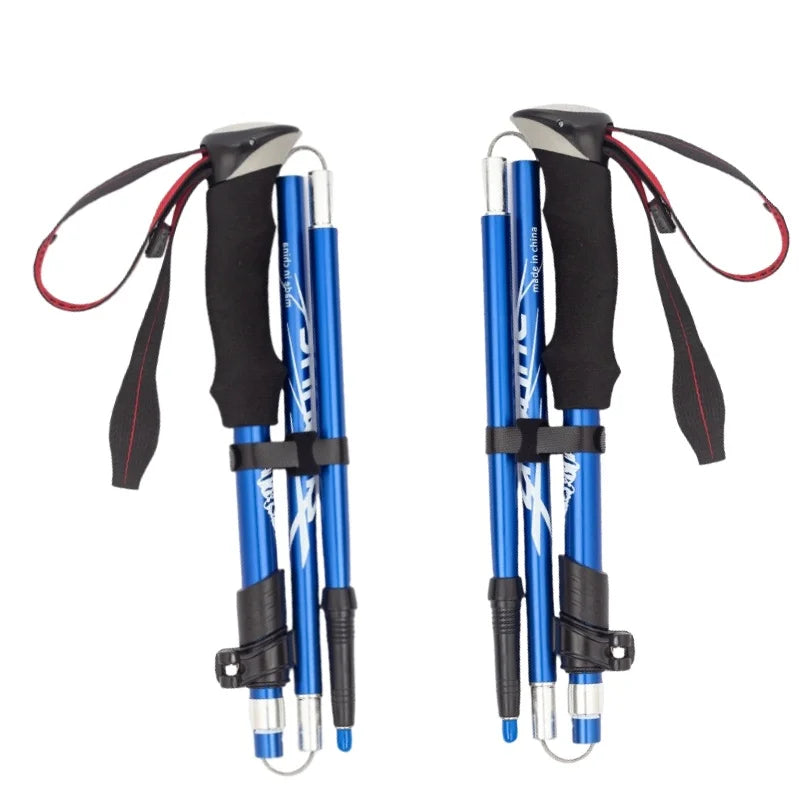 Aluminum alloy folding ultra-lightweight ultra-short retractable outdoor hiking stick, hiking staff, five-section hiking stick Peaceful Pleasures Health and Wellness blue 2