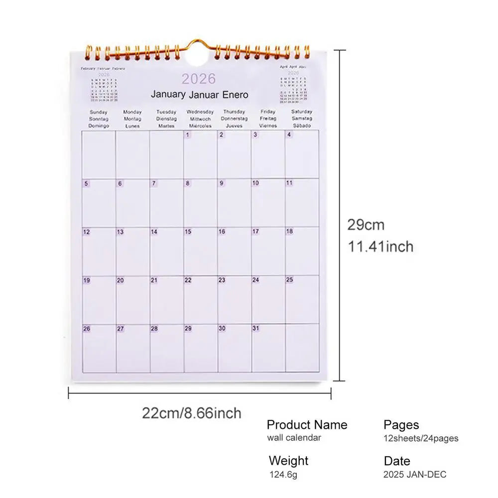 2026 Multilingual Wall Calendar 12 Month Coil Planner Modern Decorative Bedroom Dormitory Apartment School Workplace Supplies Peaceful Pleasures Health and Wellness 22x29cm A