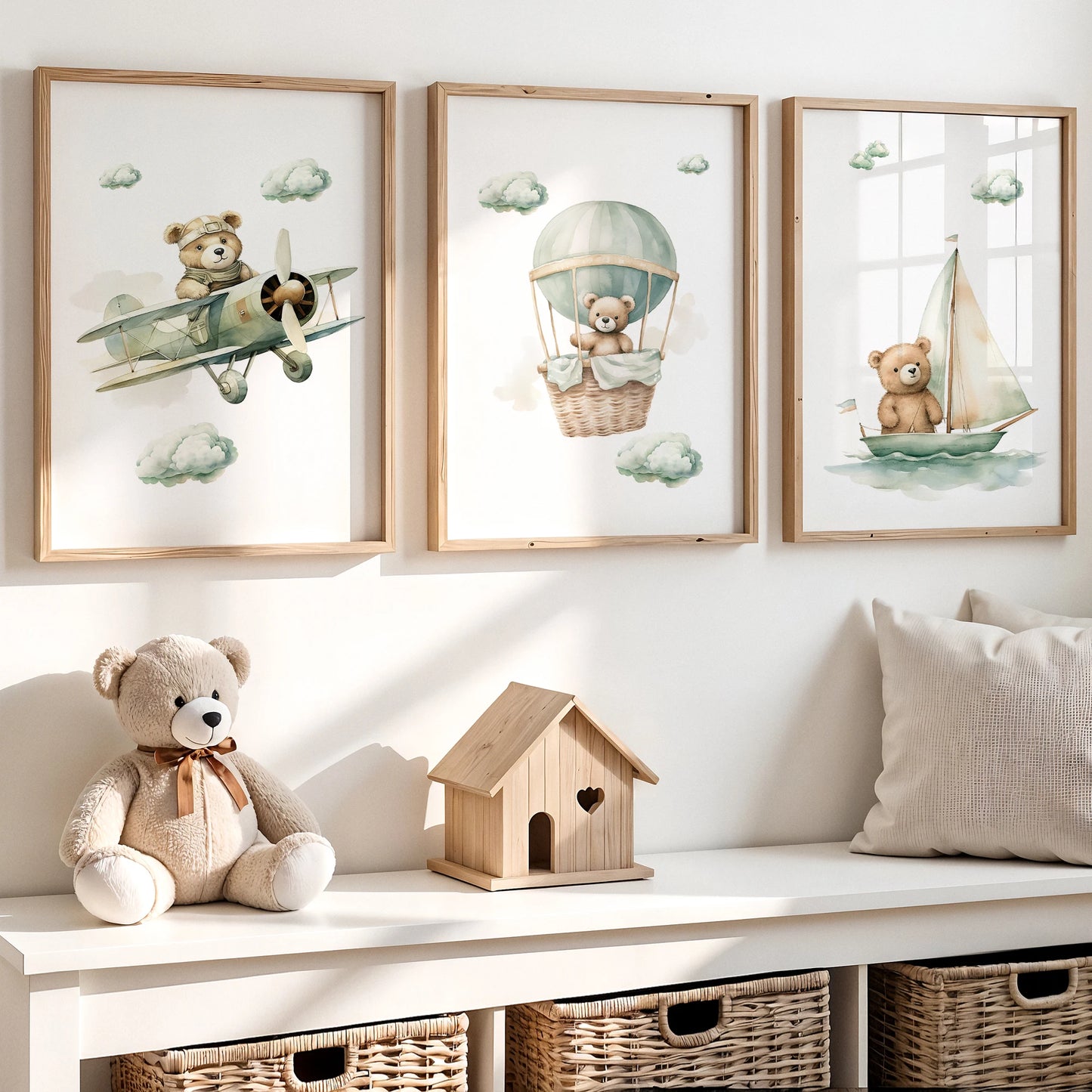 Cartoon Green Cloudy Bear Canvas Wall Art | Kids Room Decor