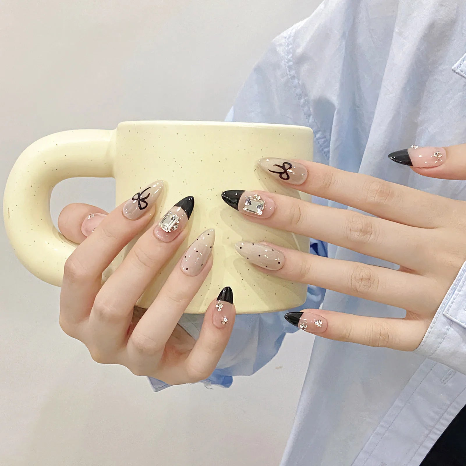 Gentle Pink Fake Nails with Black Tip Chip-Proof Smudge-Proof Fake Nails for Daily and Parties Wearing Peaceful Pleasures Health and Wellness