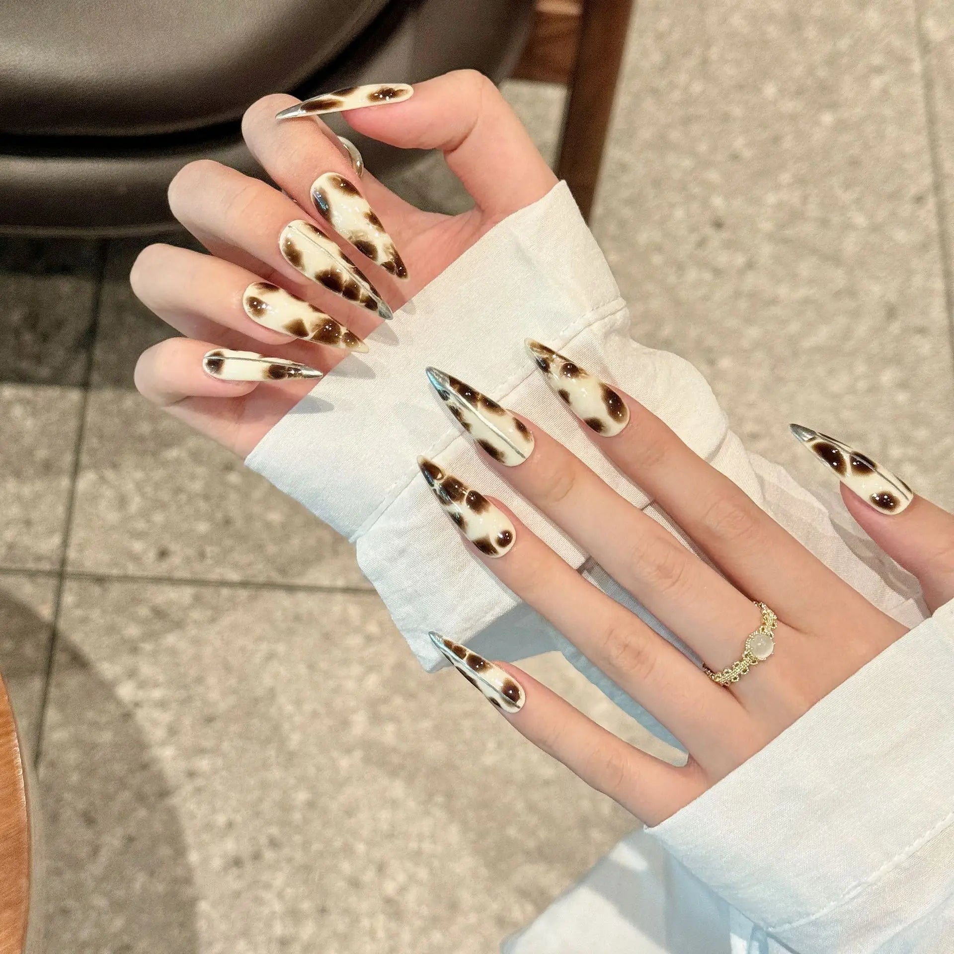 Handmade Press on Nails Devil's Flower Leopard Pattern Fake Nails Wearable Full Cover Spice Girls Long Pointed False Nails Peaceful Pleasures Health and Wellness