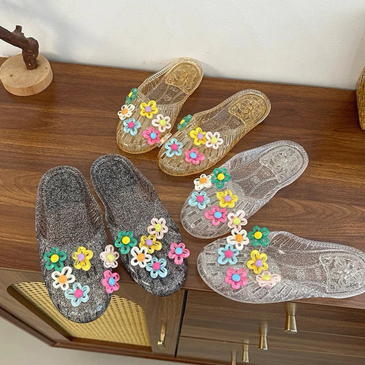 Transparent Flat Bottomed Hooded Slippers,Anti Slip Hollow Hole Shoes,Crystal Half Slippers,For Beach Fun/Daily Casual Walking Peaceful Pleasures Health and Wellness