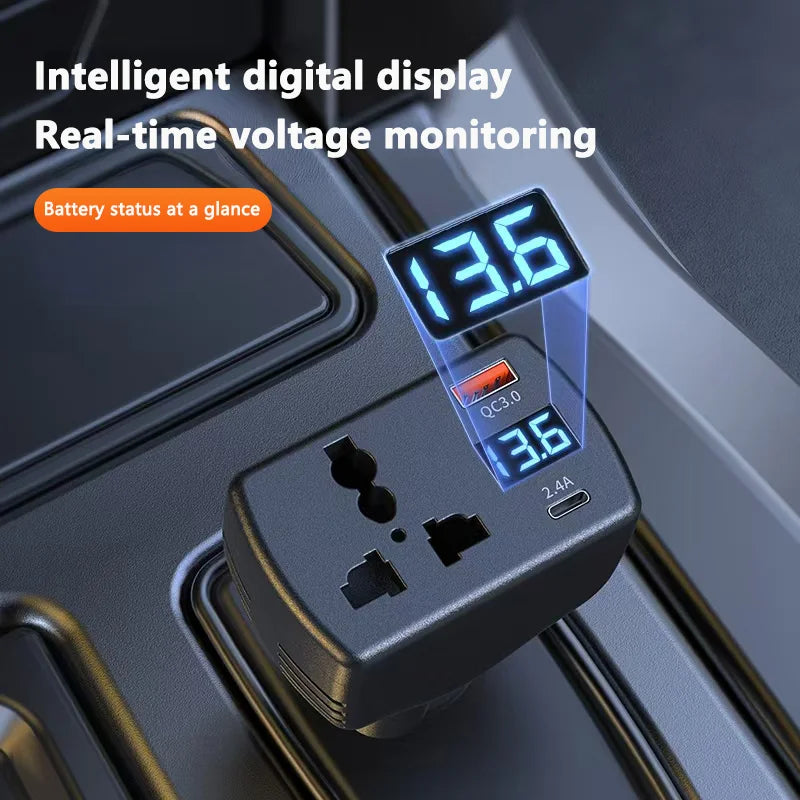 150W Car Power Inverter DC 12V to AC 220V Adapter with QC3.0 USB-C Charger Digital Display 3-in-1 Multi-Port Car Charger Peaceful Pleasures Health and Wellness
