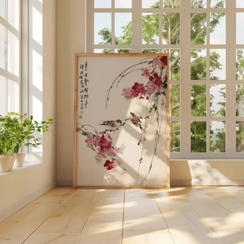 Chinese Cherry Blossom & Bird Canvas Wall Art Print