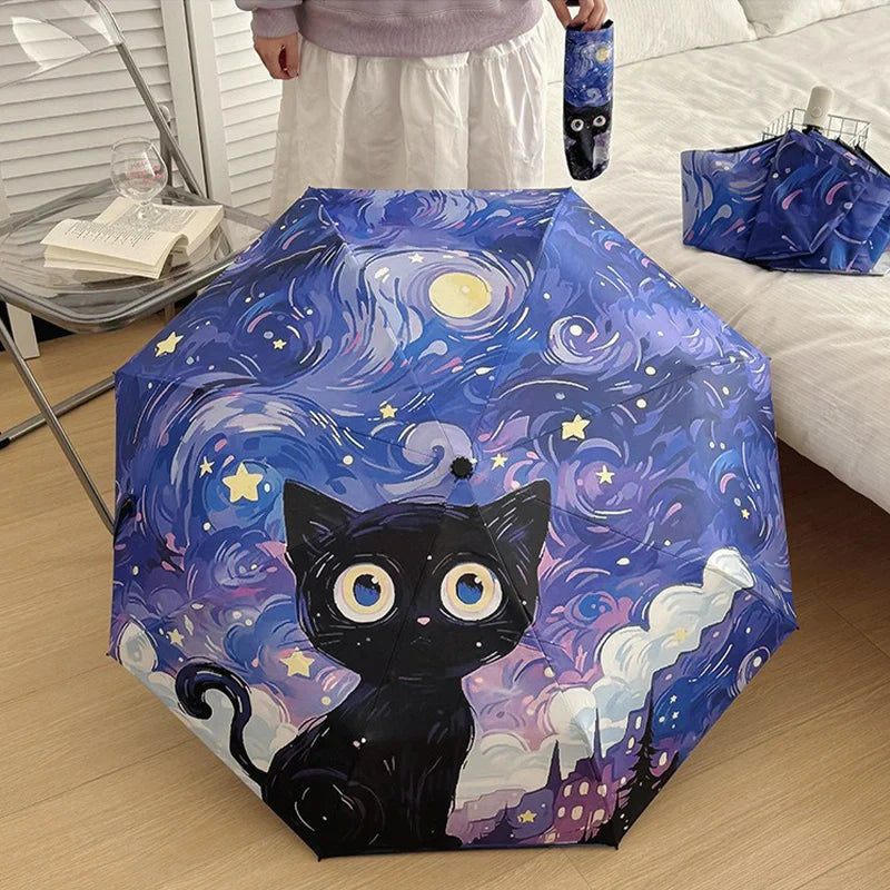 Purple Cartoon Cat Folding Umbrella – UV & Sun Protection