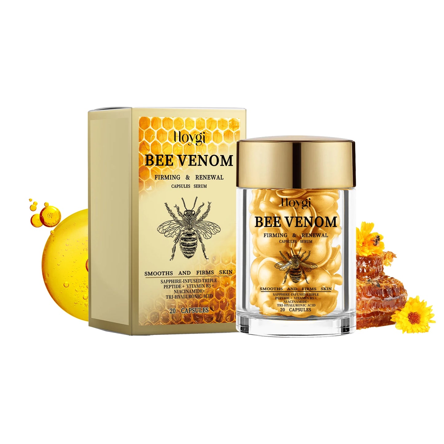 Bee Venom Facial Essence Capsule Fade Fine Line Firming Lifting Improve Sagging Skin Increase Elasticity Repair Tightening Serum Peaceful Pleasures Health and Wellness 20 Capsules