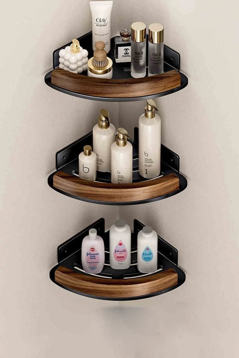 Wood & Aluminum Wall-Mounted Corner Shelf – Bathroom Organizer
