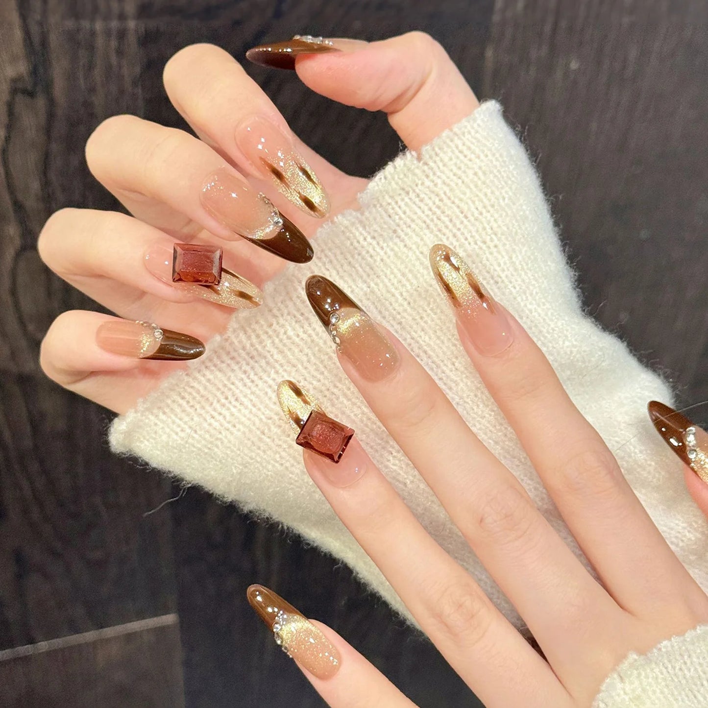 Long French Press-On Nails Brown Sugar Diamond Square Tips