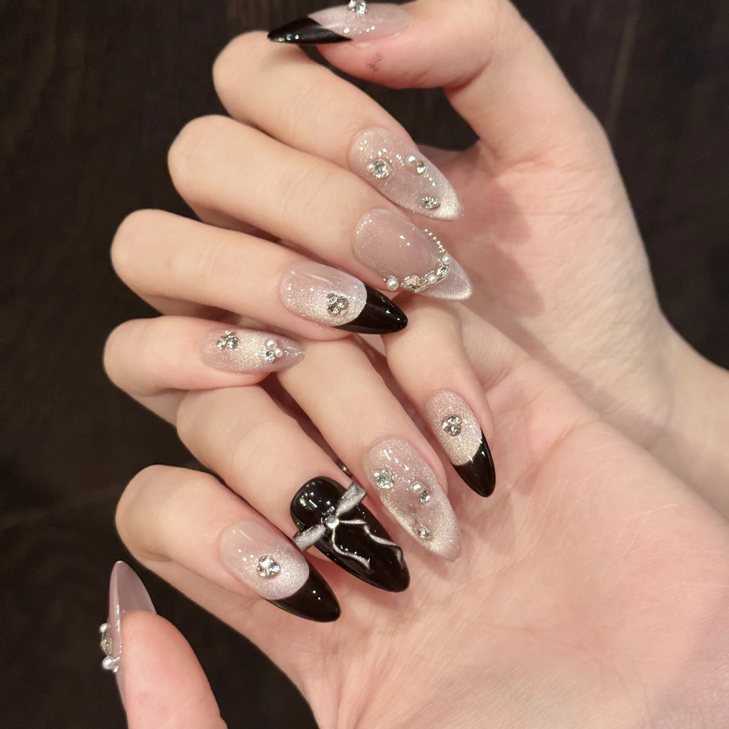 10pcs Handmade Press on Nails Sweet Pink Cat Eye False Nails Wearable Full Cover Black French Bow Design Almond False Nail Tips Peaceful Pleasures Health and Wellness XS