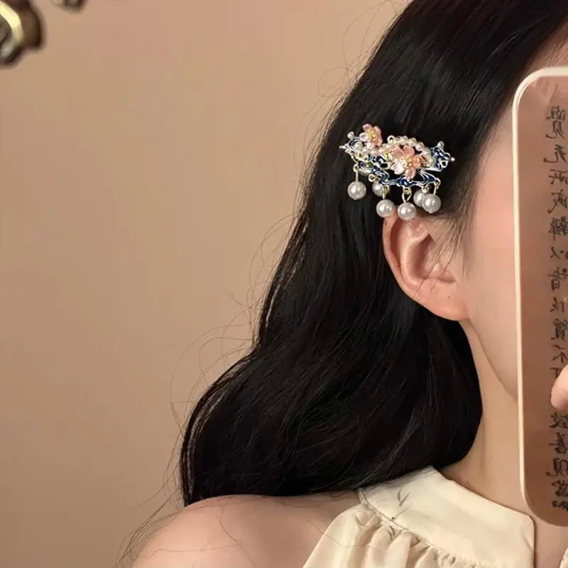 Vintage Pearl Tassel Hair Clip – Enamel Flower Hanfu Hair Pin