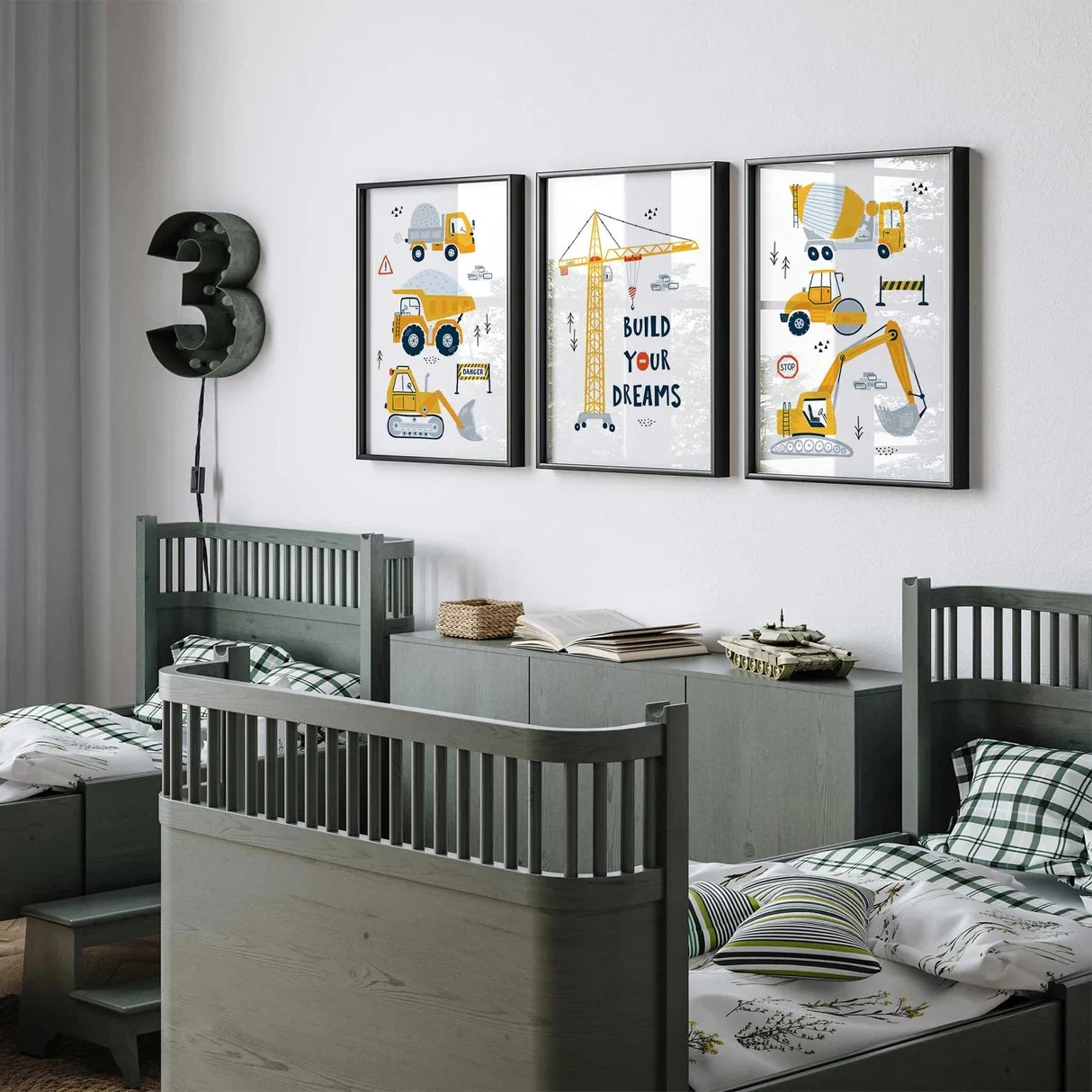 3-Piece Construction Vehicles Canvas Wall Art | Kids Room Decor