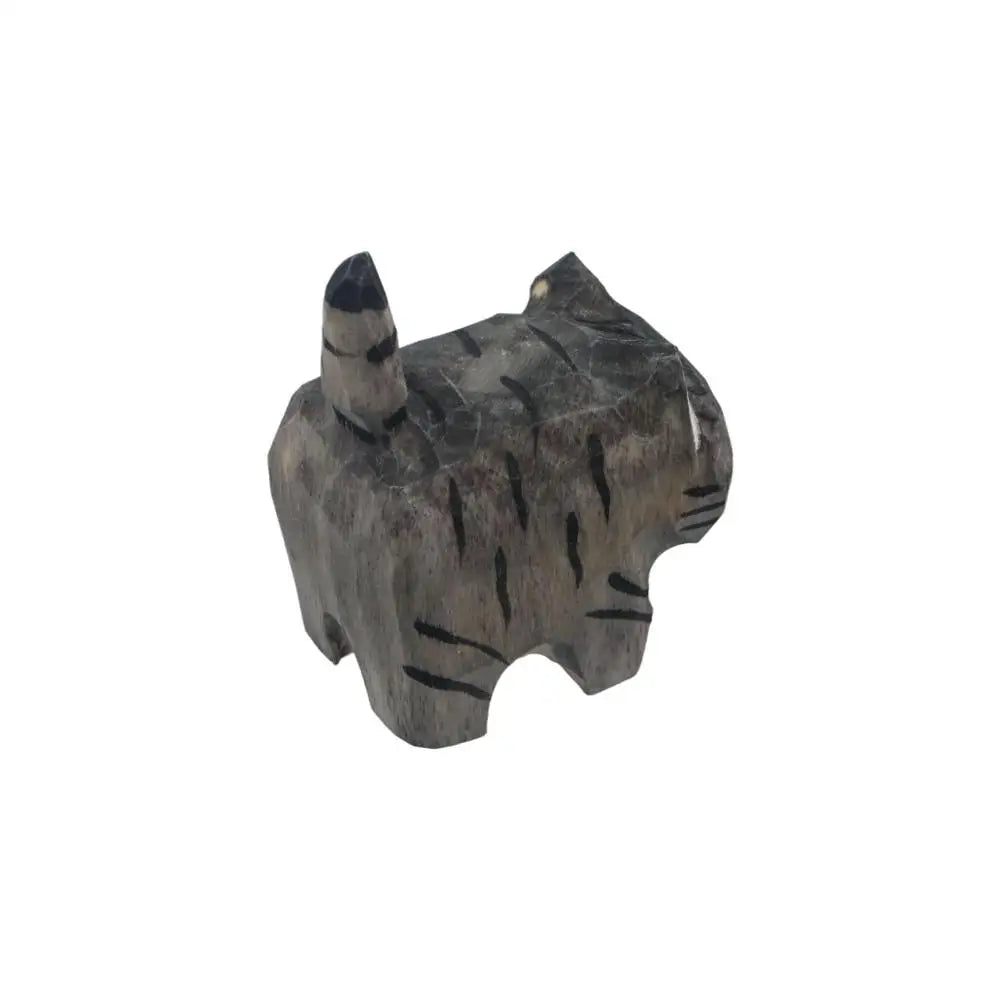 Handmade Wood Carved Cat Figurine | Gray & Orange Kitten Decor