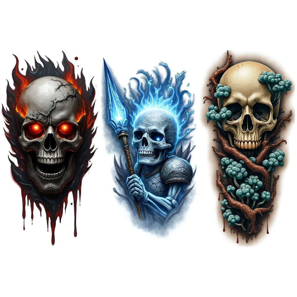 3-Pack Skeleton Temporary Tattoos – Flames & Wizard Designs