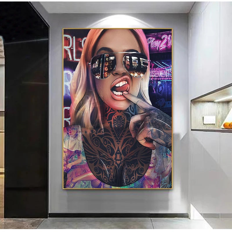 Graffiti Tattoo Woman Canvas Wall Art | Abstract Bad Girl Print