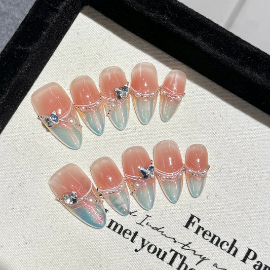 Handmade Press on Nails Aurora Blue French Pearl Crystal Fake Nails Wearable Full Cover Almond Sweet Pink Blush False Nails Peaceful Pleasures Health and Wellness XS 1