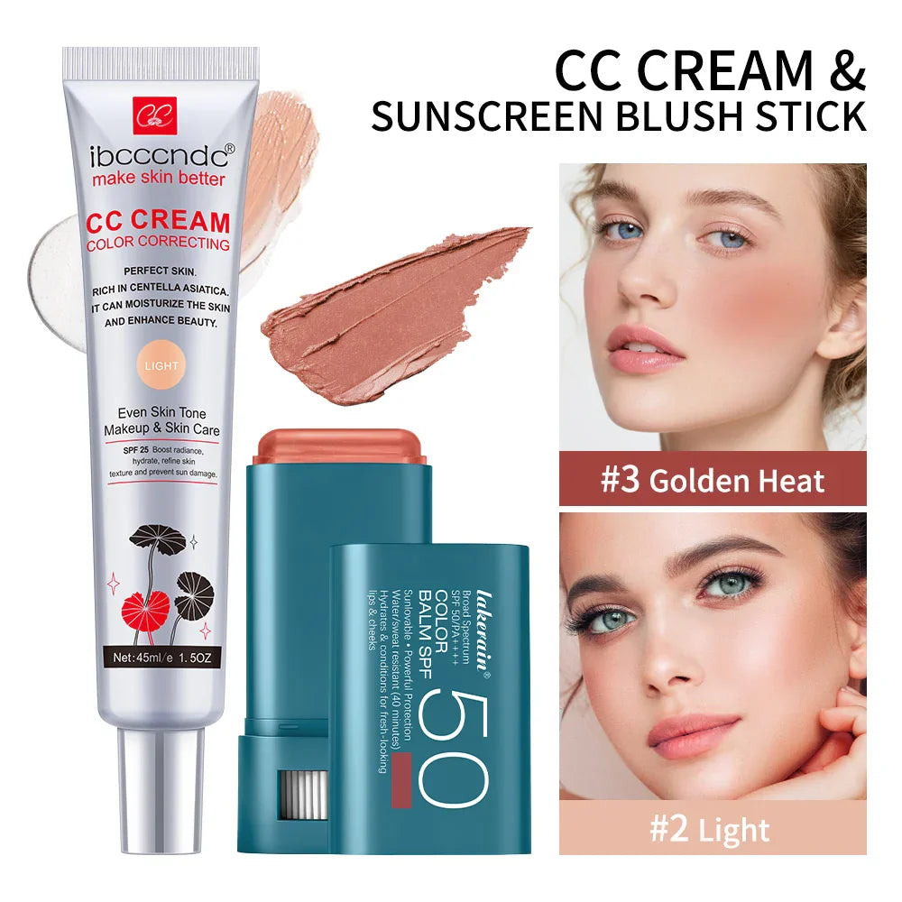 CC Cream & SPF 50 Blush Stick Set – Waterproof Korean Makeup