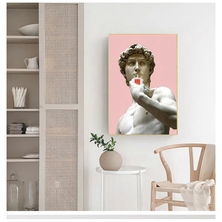 Vaporwave David Statue Canvas Wall Art | Modern Unframed Poster