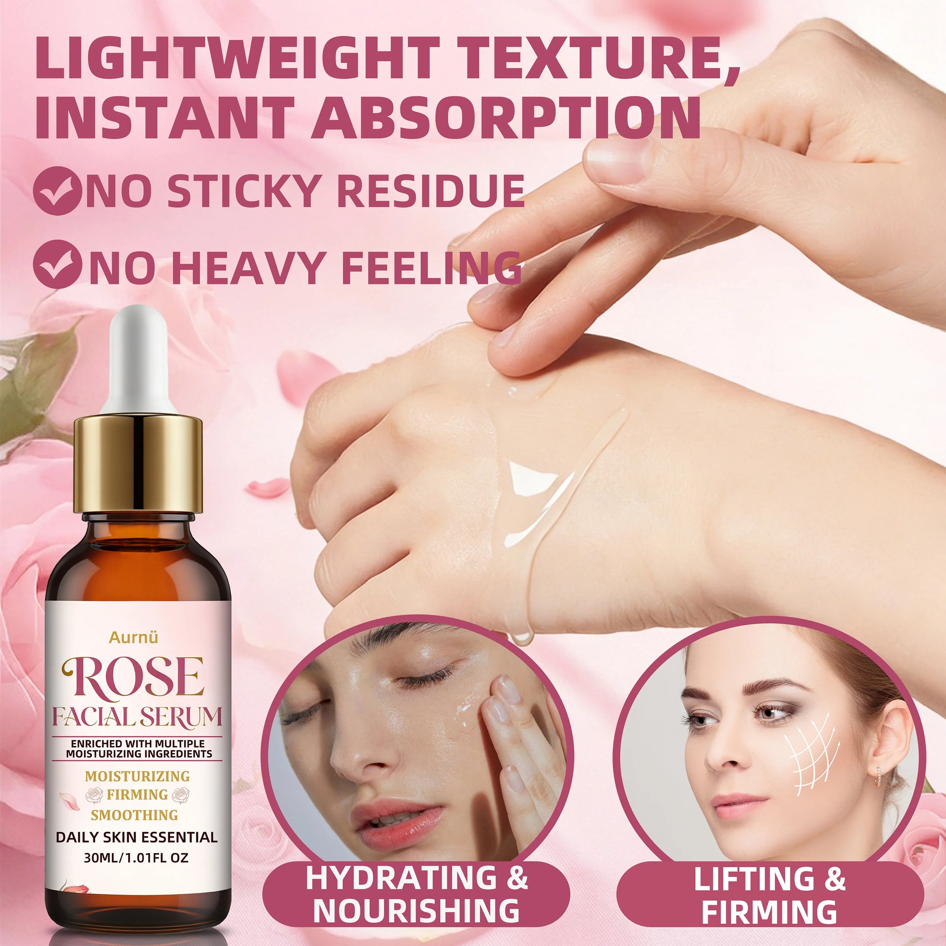 Aurnü ROSE FACIAL SERUM: Hydrating& Nourishing, Lightweight non-greasy formula for full facial skin & all mild skin types Peaceful Pleasures Health and Wellness