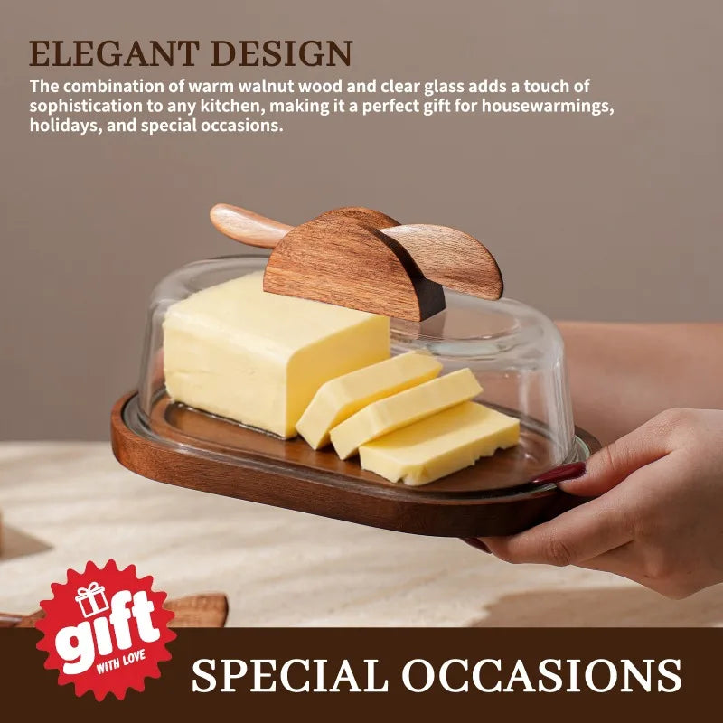 Solid Wood Butter Dish with Glass Lid & Butter Knife Set Butter Dish Set Peaceful Pleasures Health and Wellness