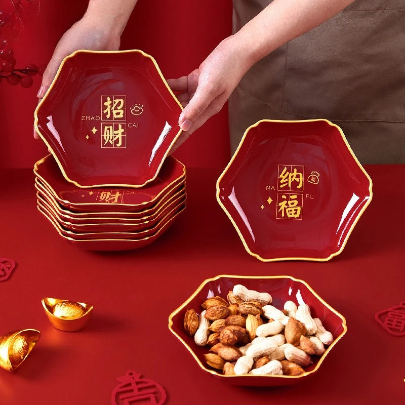 Hexagonal Fruit Plate Nafu Zhaocai Series Melamine Material New Year's Wedding Home High End Gold Edged Dried Fruit Snack Plate Peaceful Pleasures Health and Wellness