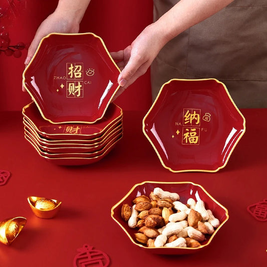 Hexagonal Fruit Plate Nafu Zhaocai Series Melamine Material New Year's Wedding Home High End Gold Edged Dried Fruit Snack Plate Peaceful Pleasures Health and Wellness