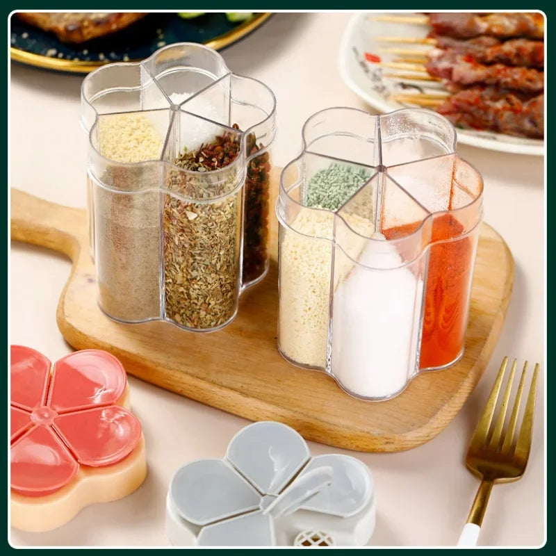 5-Compartment Seasoning Jar & Spice Organizer – Transparent PP with Mesh Pour Spout for Kitchen & Camping