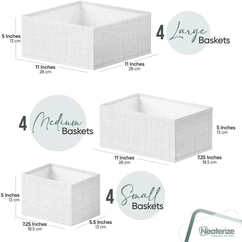 Set of baskets with sizes labeled and Neaterize branding.