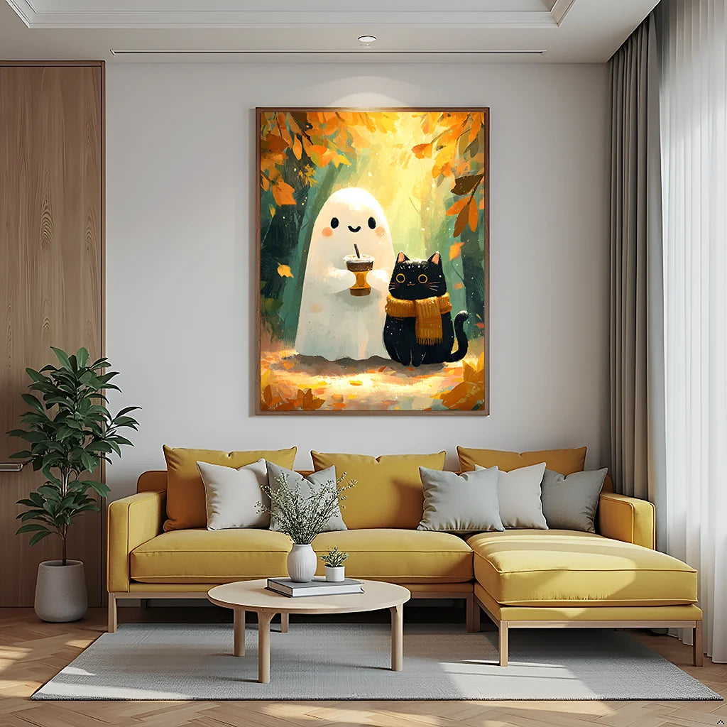 Animal Wall Art, Nordic Cute Ghost and Black Cat Canvas Painting, Halloween Poster Print for Bedroom Living Room Wall Decor Peaceful Pleasures Health and Wellness
