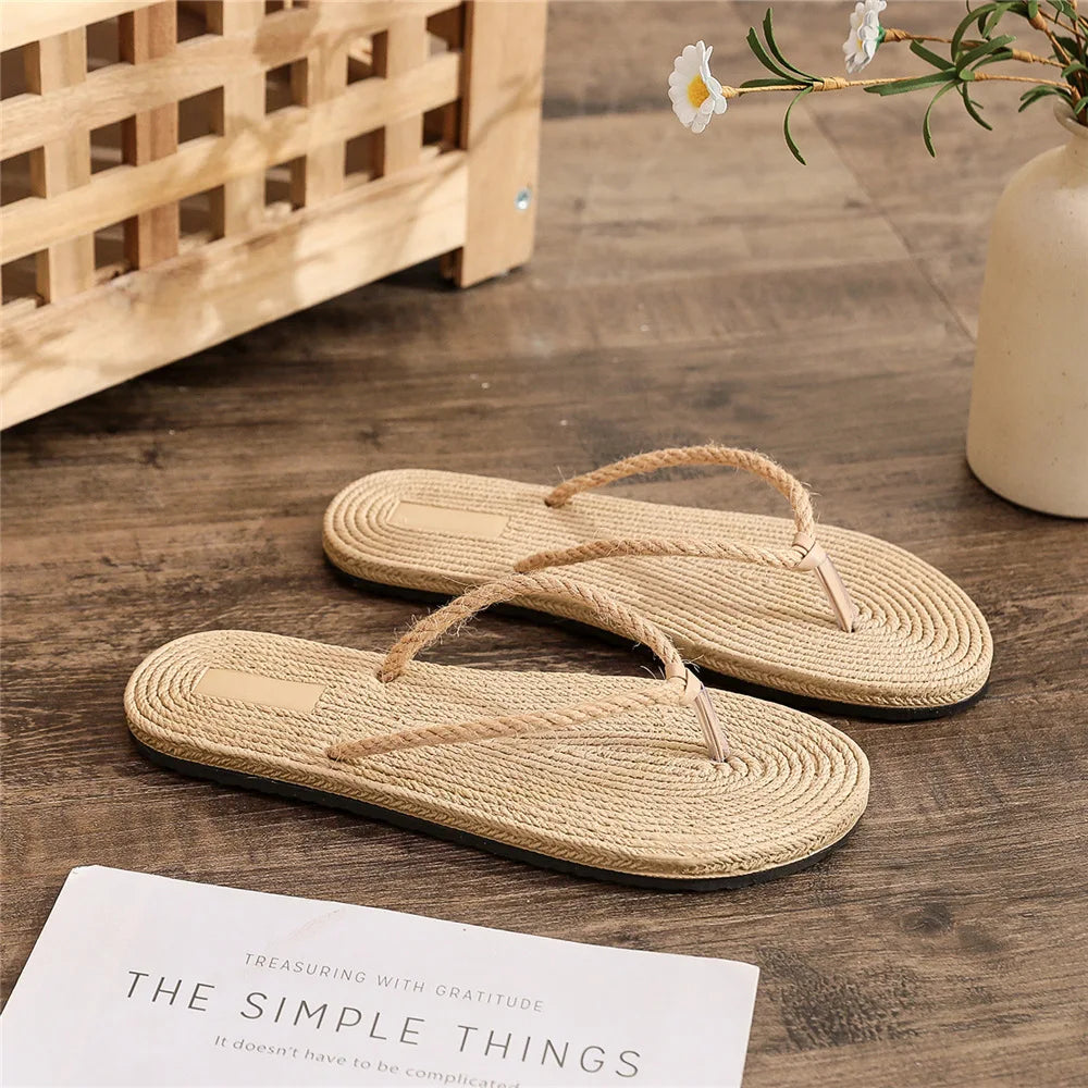 Women's Linen Flat Flip Flops – Comfy Indoor Home Slippers