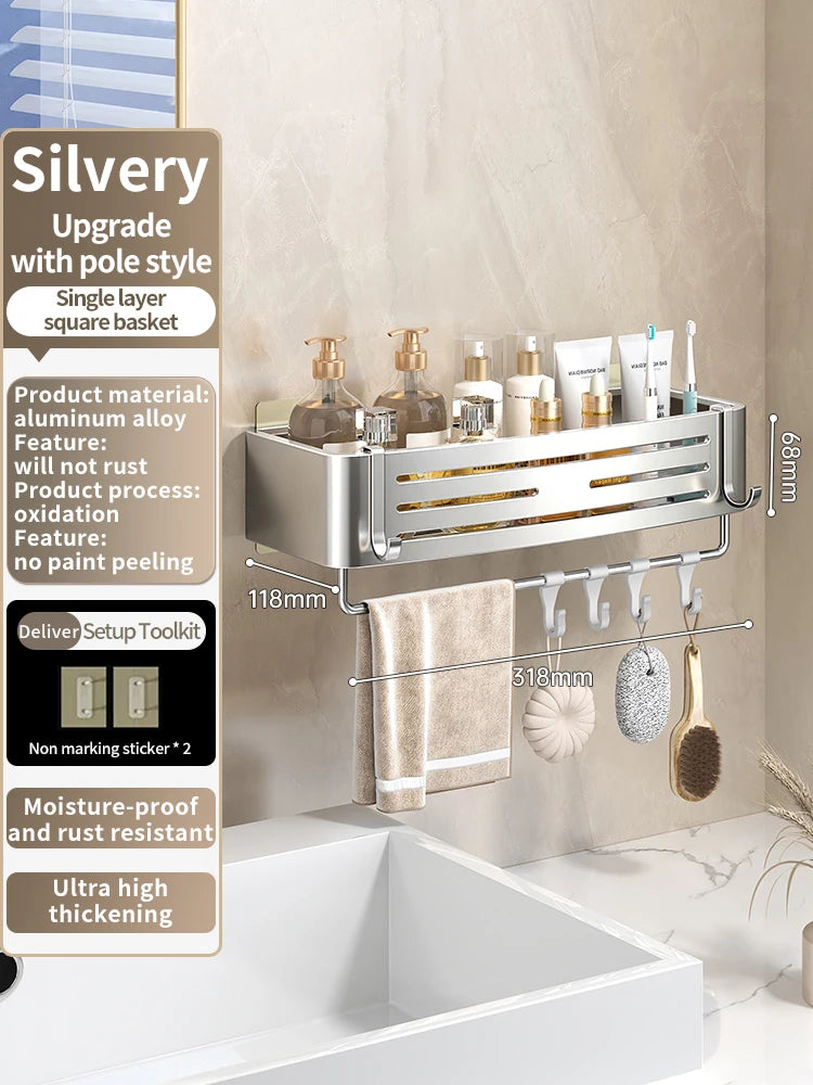 No-Drill Adhesive Bathroom Shelf & Towel Rack | Metal Wall Mount