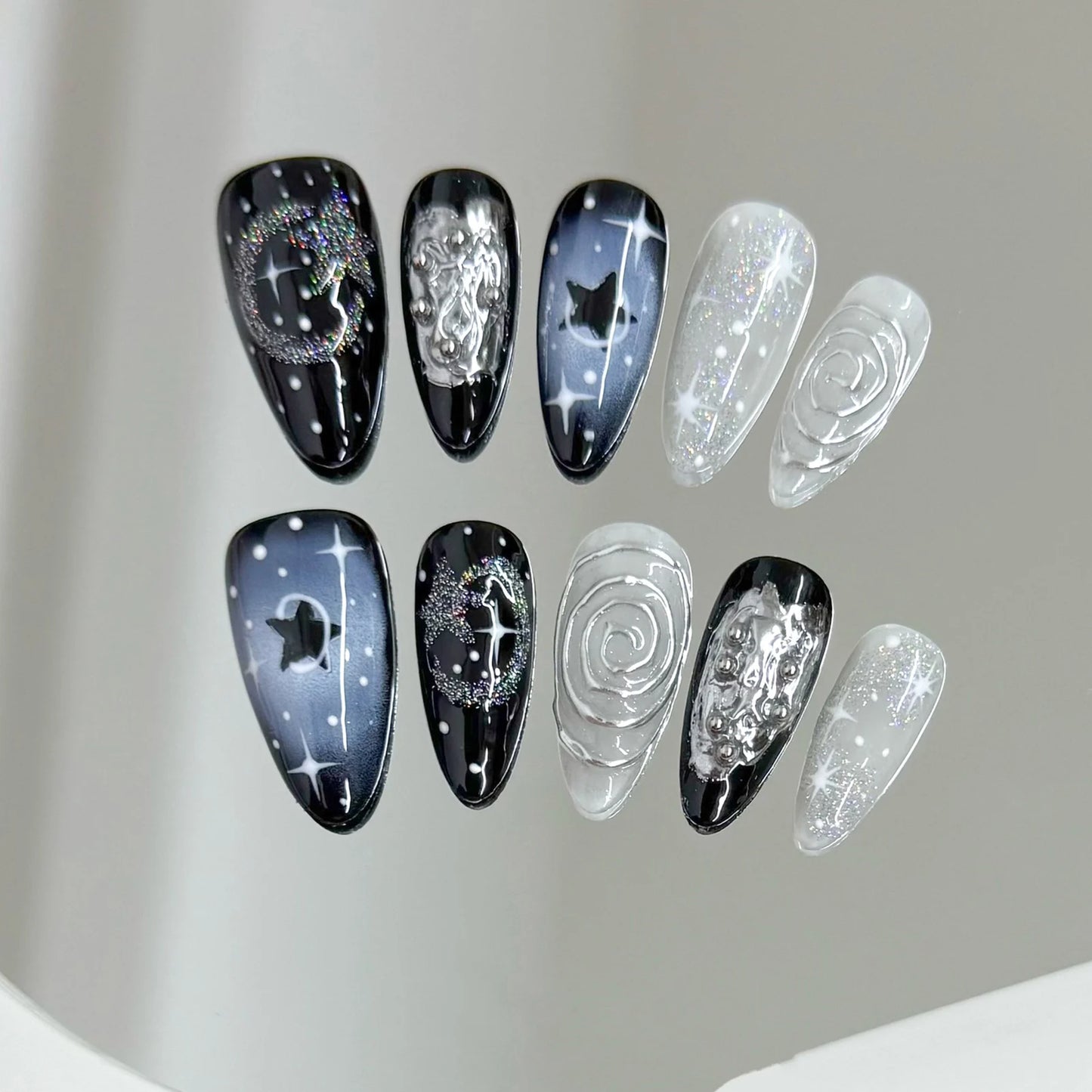 10pcs Handmade Korean Press on Nails Sweet Cool Star Pink White Fake Nail Tips Wearable Summer Night Sky Almond False Nails Peaceful Pleasures Health and Wellness M 3
