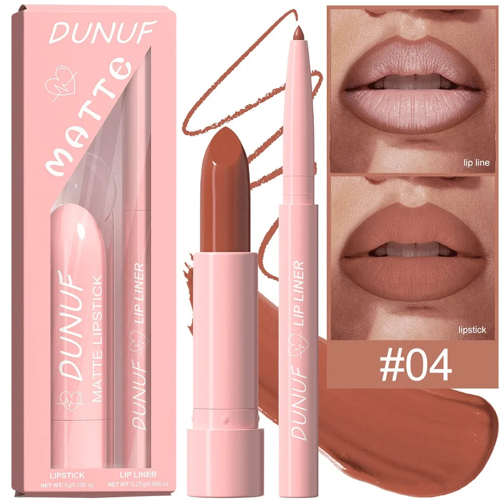 DUNUF 12-Color Matte Lipstick & Lip Liner Set – Waterproof
