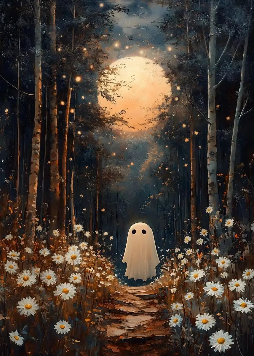Halloween Ghost & Pumpkin Canvas Wall Art | Dark Academia Poster Canvas Wall Art Peaceful Pleasures Health and Wellness ZLH5357 40x50cm No Frame