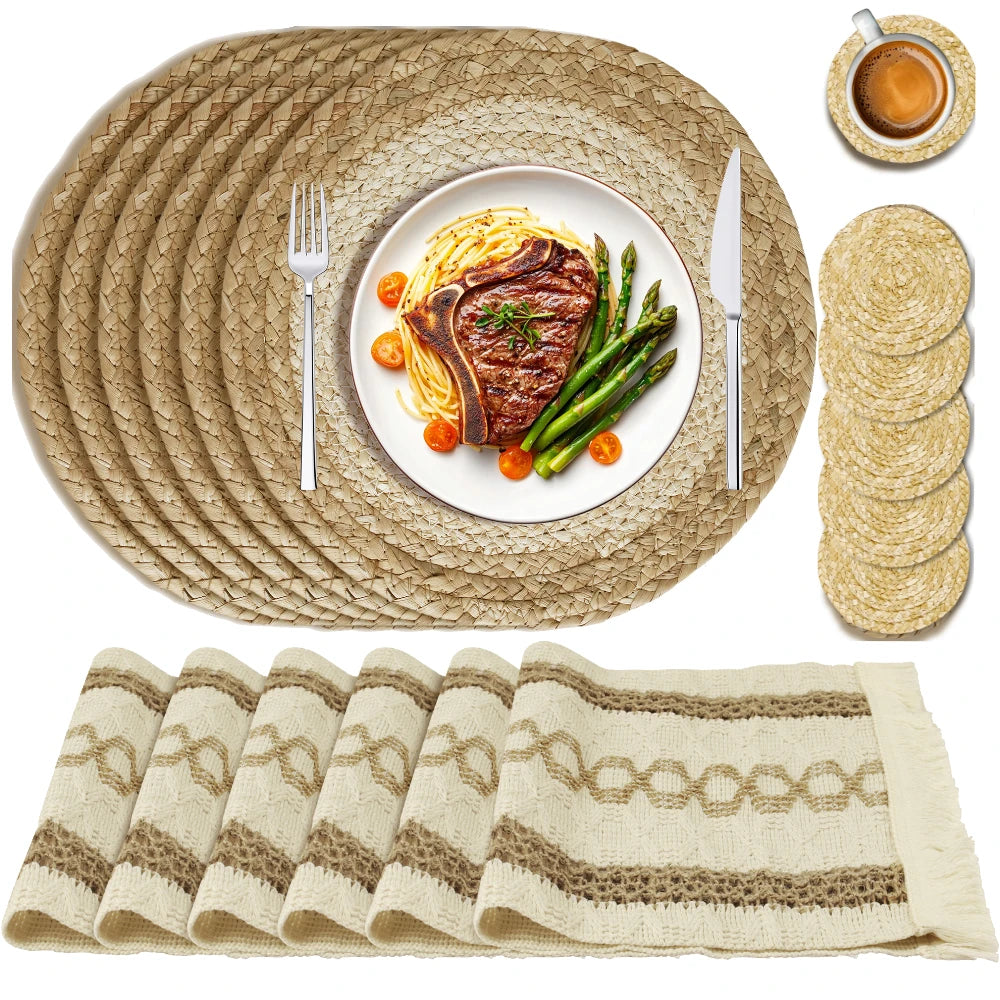 Boho Dining Table Mats Set of 6 Woven Placemats for Family Dinner Kitchen Table Decor Natural Round Eco-Friendly Placemats Peaceful Pleasures Health and Wellness B Set of 6