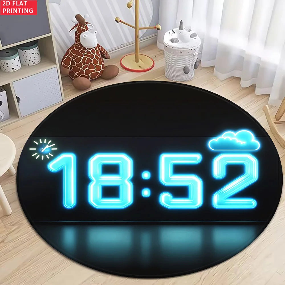 1pc Digital Clock Design Round Rug for Modern Living Room Decor 2D Flat Printed Floor Mat Non-Slip Home Decoration Peaceful Pleasures Health and Wellness