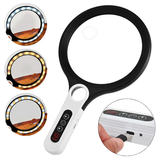 Magnifier Charging Tri Color Led Light Brightness Adjustment 135Mm Large Lens Handheld Magnifying Glass 5-10 X Peaceful Pleasures Health and Wellness Charging model