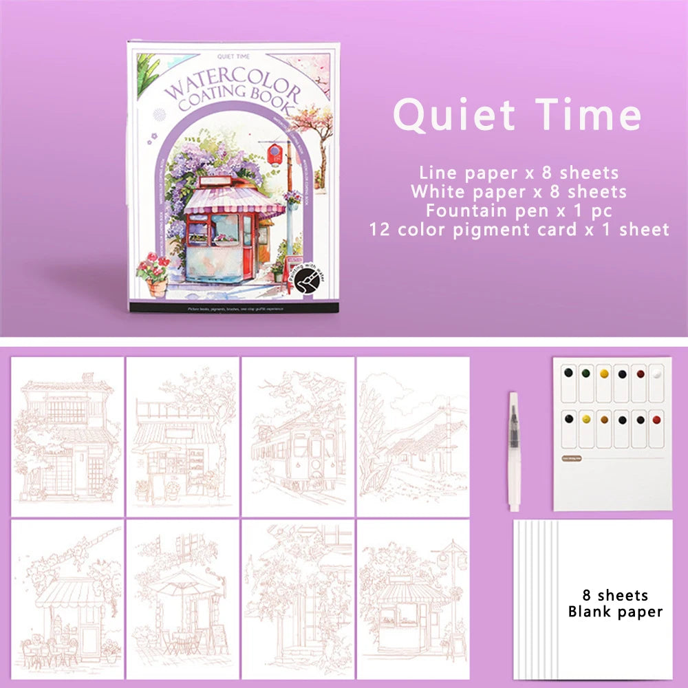Travel Watercolor Painting Tri-fold Book Built-in 12 Colors Stress