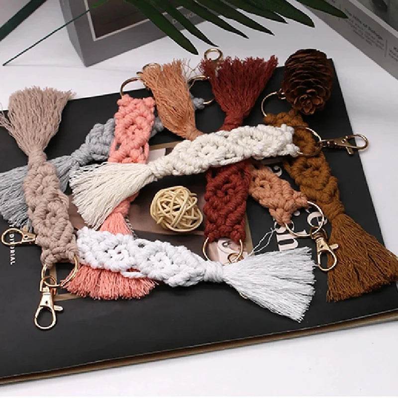 Boho Macrame Braided Keychain Wristlet Bracelet Key Fob Strap