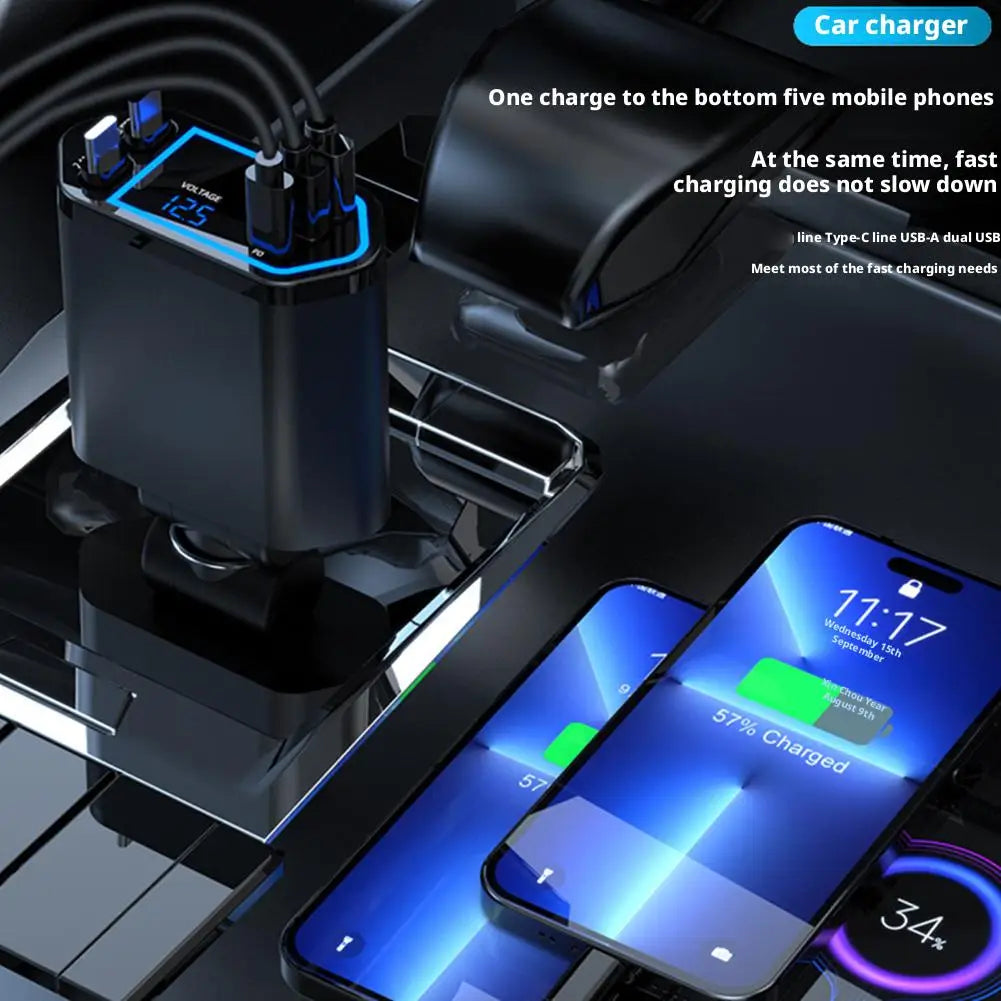 120W 4-in-1 Fast Car Charger – Retractable Cable & 2 USB Ports