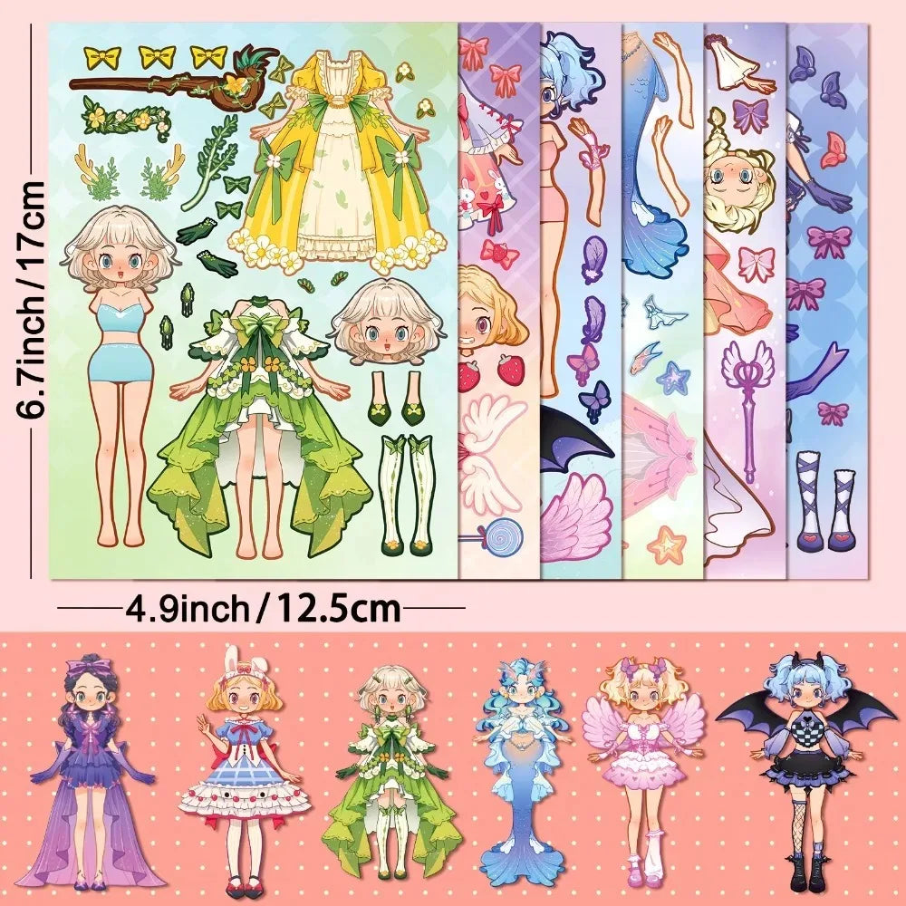 6-Pack Cute Princess Stickers Children's dress-up play toys Puzzle Face Swap and Dress-Up Personalized DIY Waterproof Stickers Peaceful Pleasures Health and Wellness