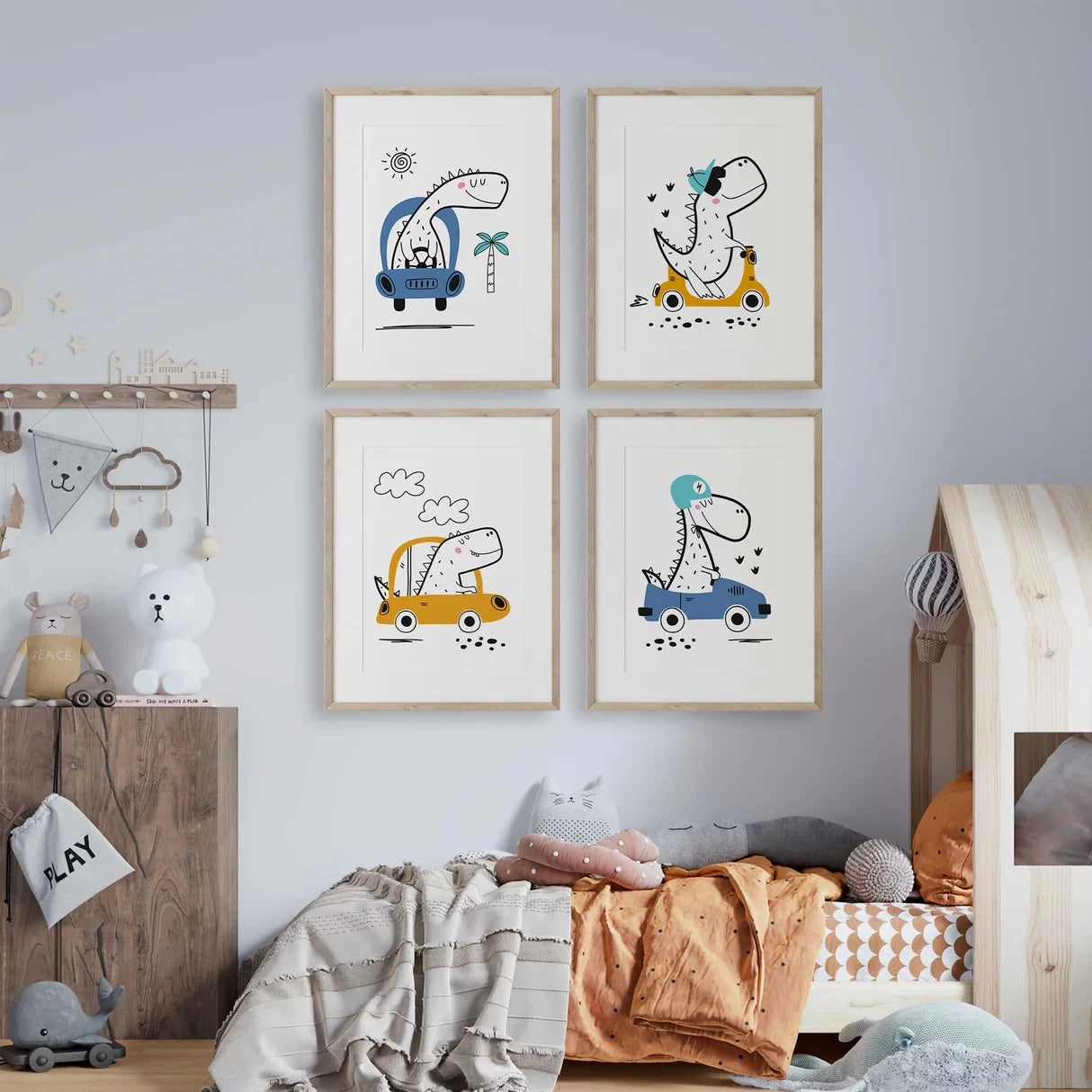 4-Piece Cartoon Dinosaur Canvas Wall Art | Kids Room Decor