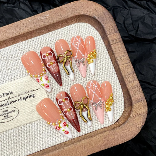 Korean 3D Gold Bow Press On Nails – Long Almond French Tips Press On Nails Peaceful Pleasures Health and Wellness L 2