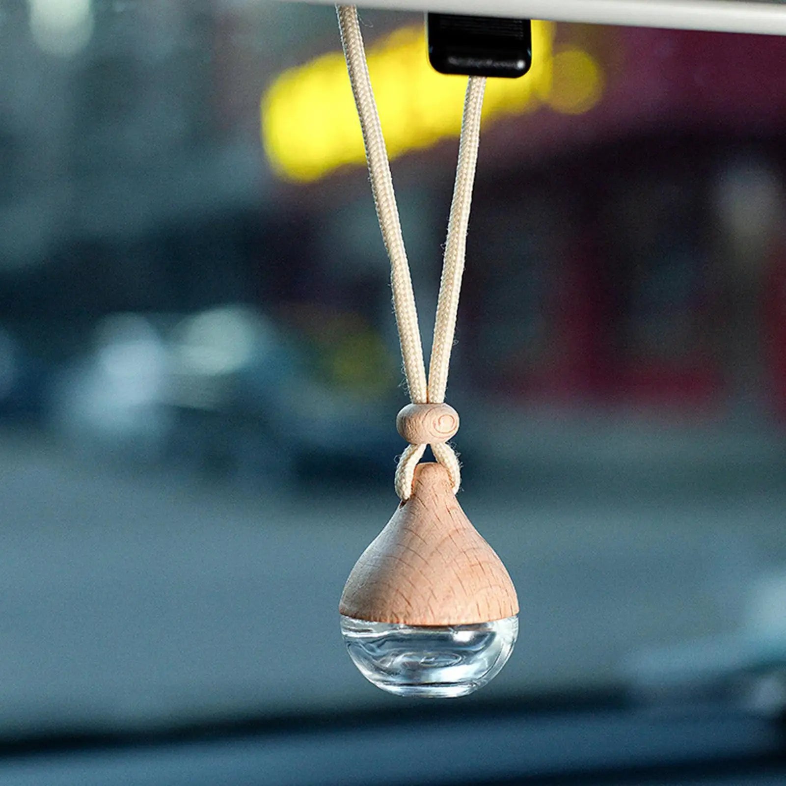 Refillable Glass Car Air Freshener Pendant | Wooden Cap Car Fragrance Pendant Peaceful Pleasures Health and Wellness