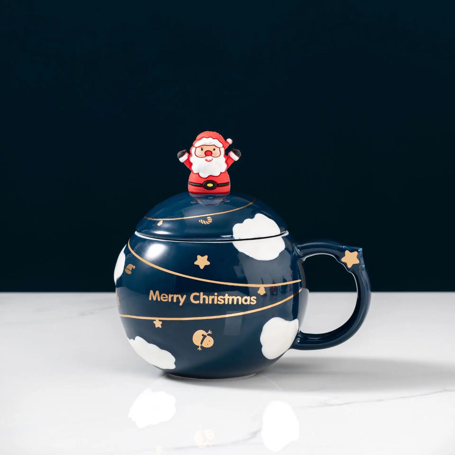 Creative cartoon Santa Claus spherical water cup with lid spoon mug Blue/Red household large-capacity ceramic cup Christmas cups Peaceful Pleasures Health and Wellness blue