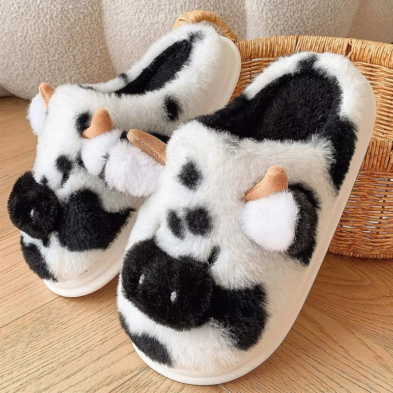 Women's Fluffy Cow Slippers | Cute Plush Winter House Shoes