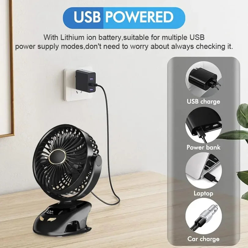 Portable USB Clip-On Desk Fan | 5-Speed, LED Display, Rechargeable