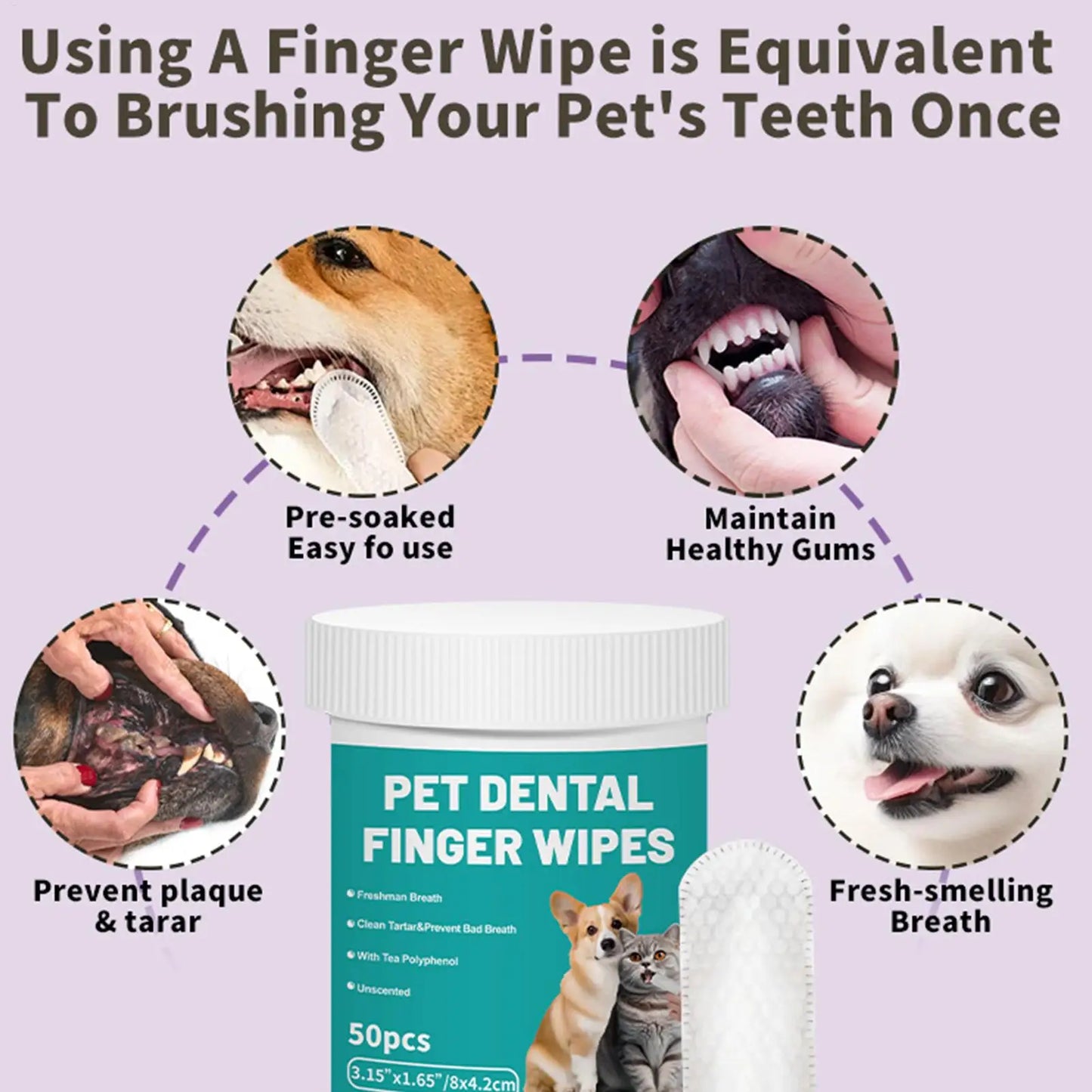 50-Pack Pet Dental Finger Wipes – Bad Breath Remover Dogs Cats