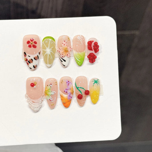 Handmade Press On Nails 3D Orange Cherry Jelly Fake Nails Decor Wearable Fashion Gradient French Almond False Nails For Women Peaceful Pleasures Health and Wellness