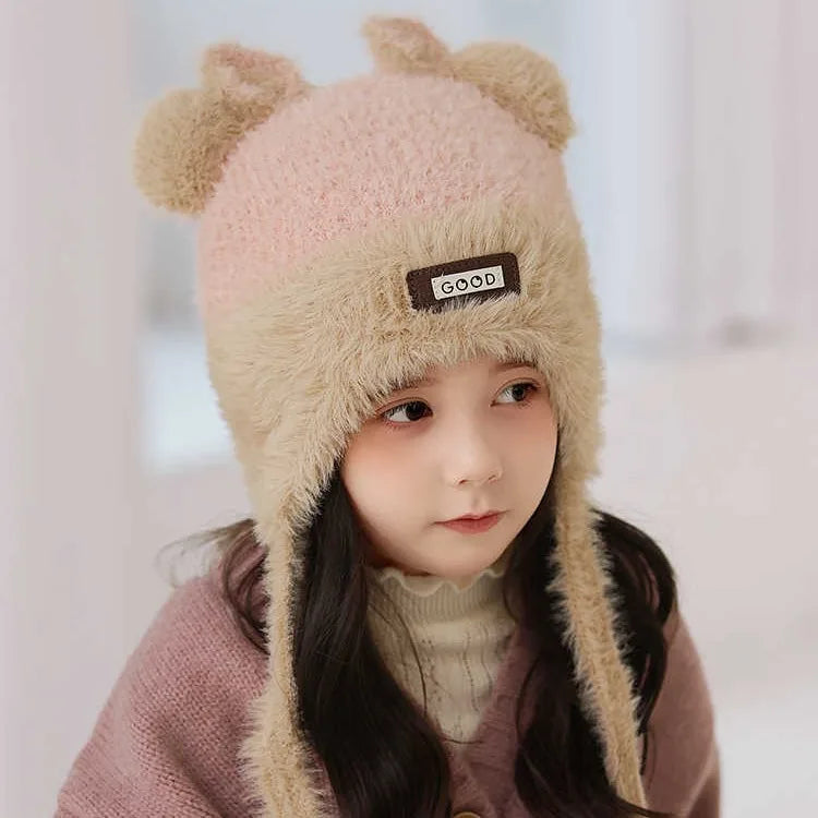 Girls' Bear Fleece-Lined Knit Winter Hat with Ear Protection